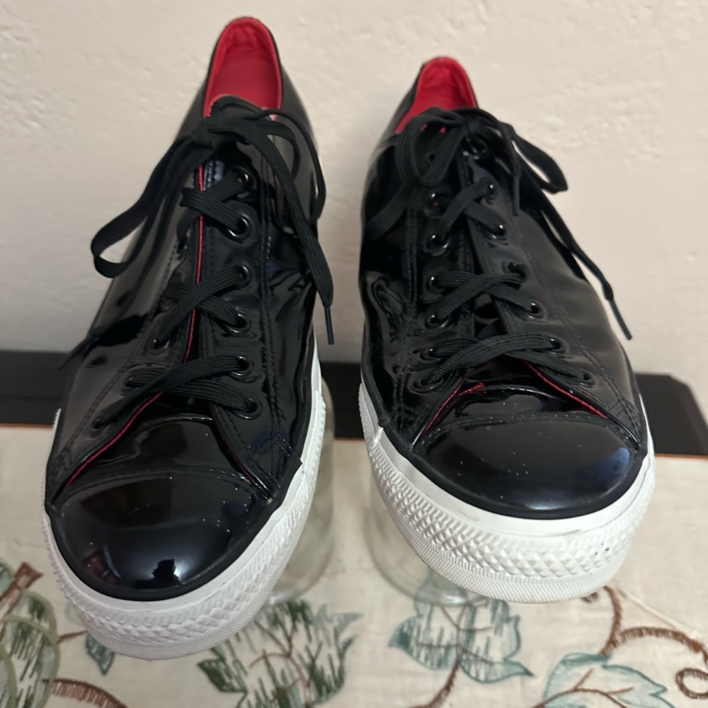 Black Patent Leather Sneakers with Red Lining